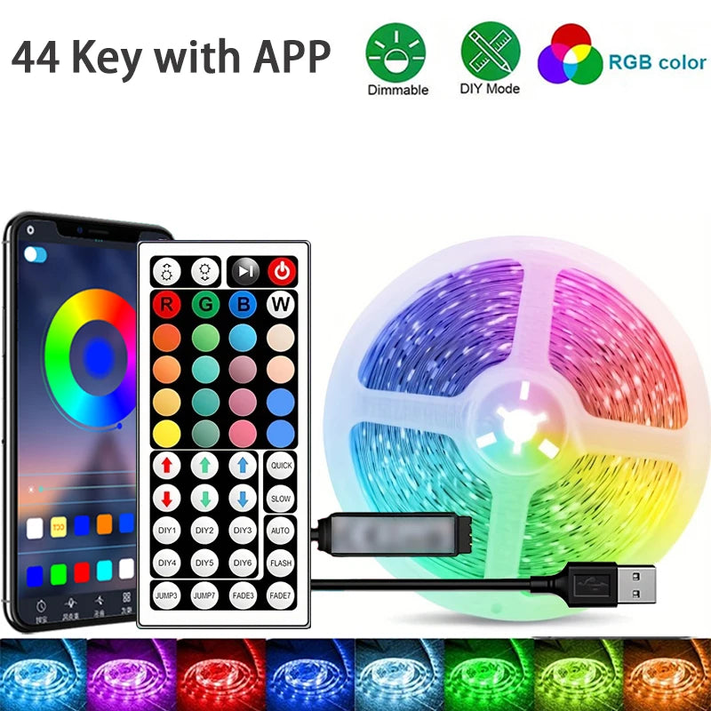 RGB LED Strip Light 1-40m with Music Sync, 44-Key Remote & APP Control, 5V USB Flexible Tape for Home TV Backlight Decor