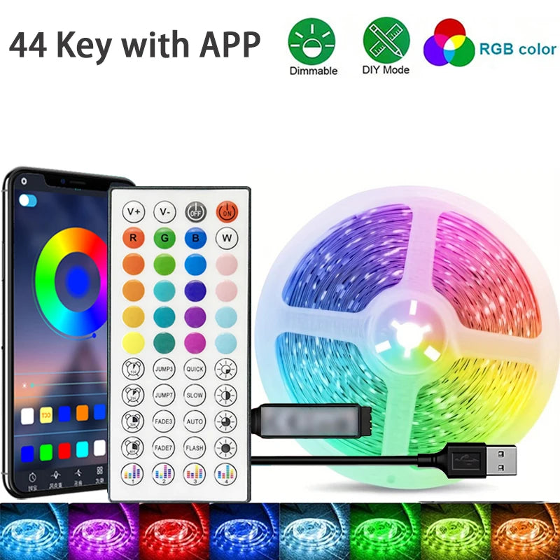 RGB LED Strip Light 1-40m with Music Sync, 44-Key Remote & APP Control, 5V USB Flexible Tape for Home TV Backlight Decor